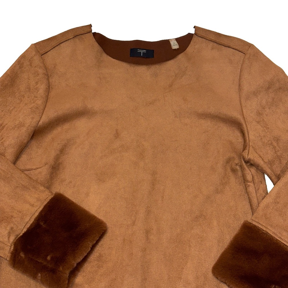 Tahari XL Brown Faux Suede Top Faux‎ Fur Cuffs Boxy Oversized Lagenlook - Picture 2 of 9